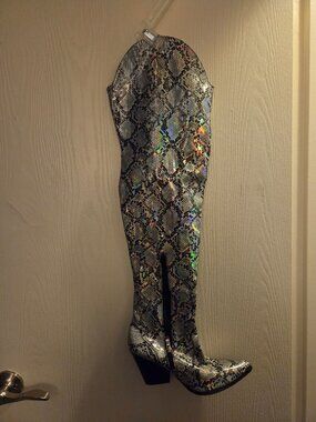 Holographic thigh high snake skin boots